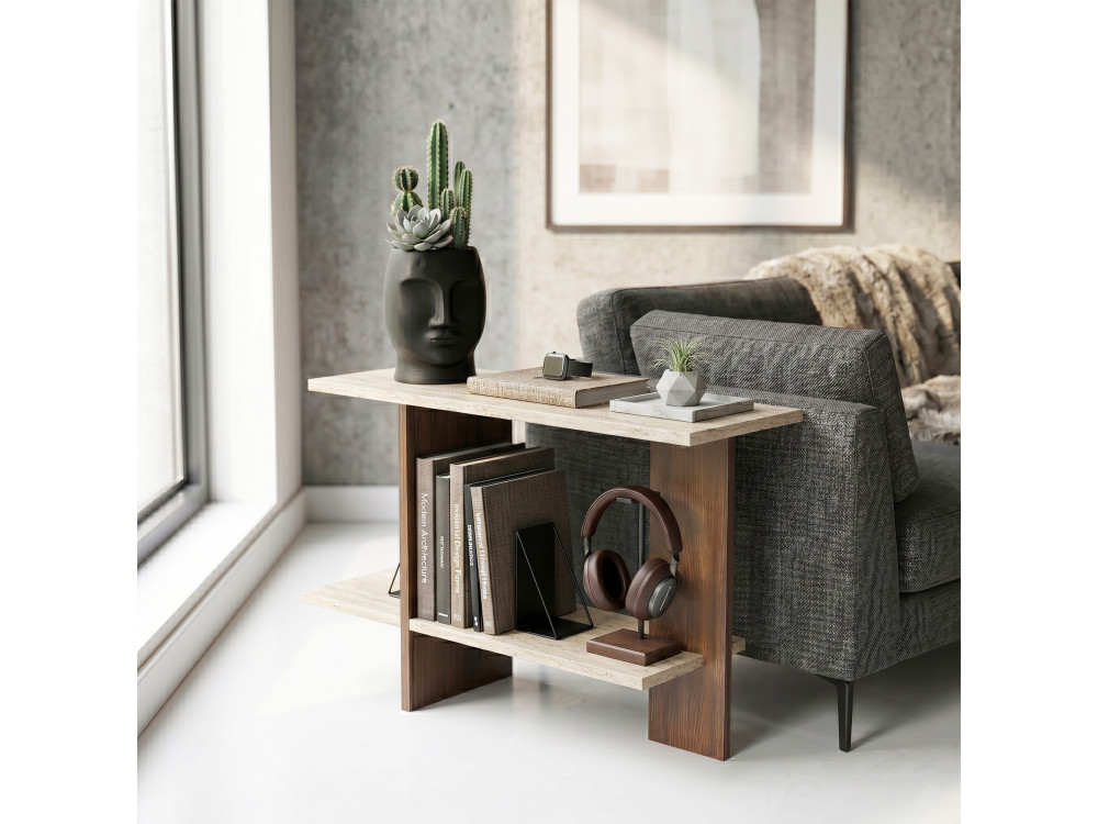 Tavolino in legno "Essenziale" - 80 x 30 x 55 cm - Travertino / Noce