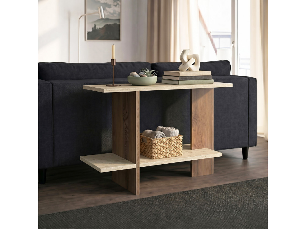 Tavolino in legno "Essenziale" - 80 x 30 x 55 cm - Travertino / Noce