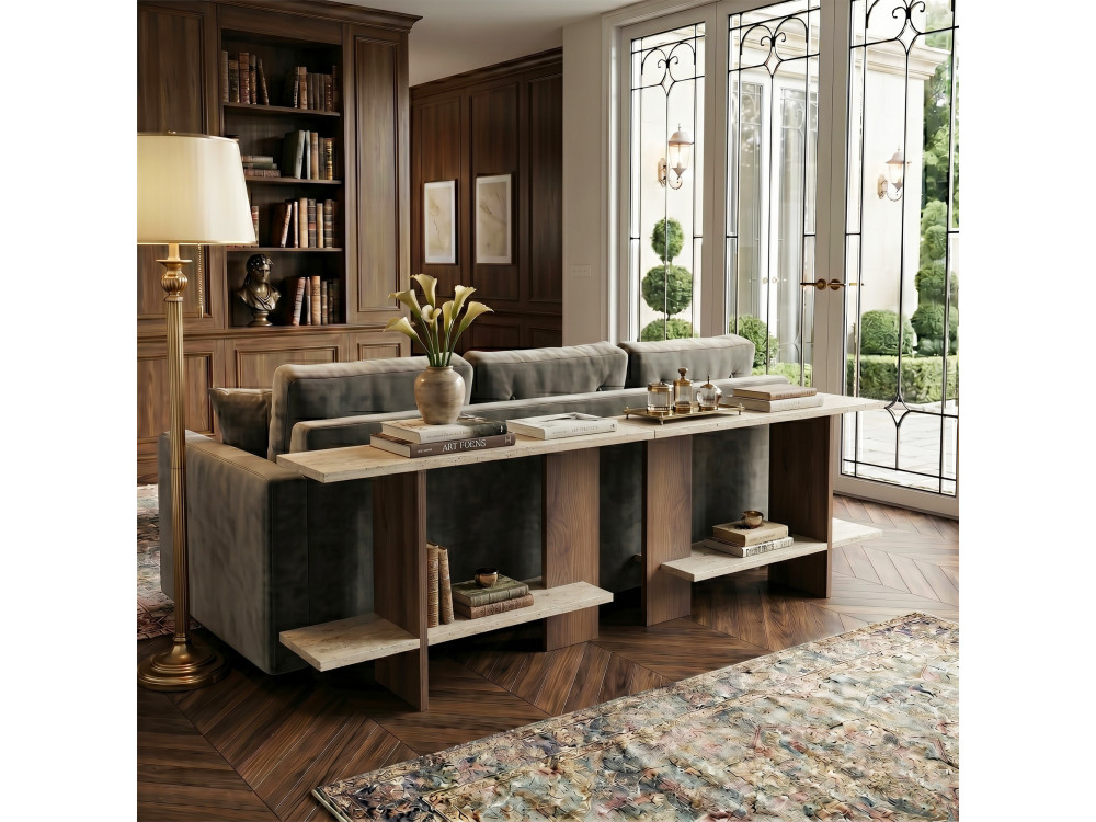 Tavolino in legno "Essenziale" - 80 x 30 x 55 cm - Travertino / Noce