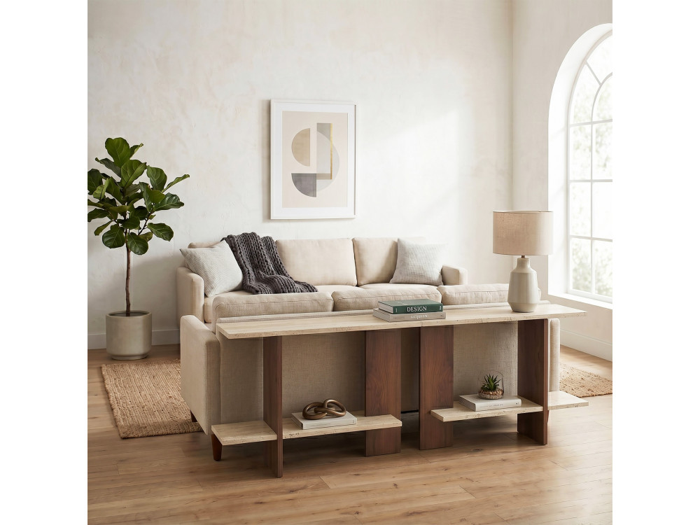 Tavolino in legno "Essenziale" - 80 x 30 x 55 cm - Travertino / Noce