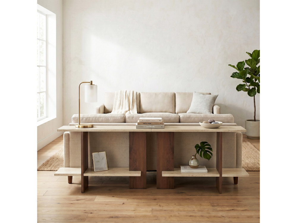 Tavolino in legno "Essenziale" - 80 x 30 x 55 cm - Travertino / Noce