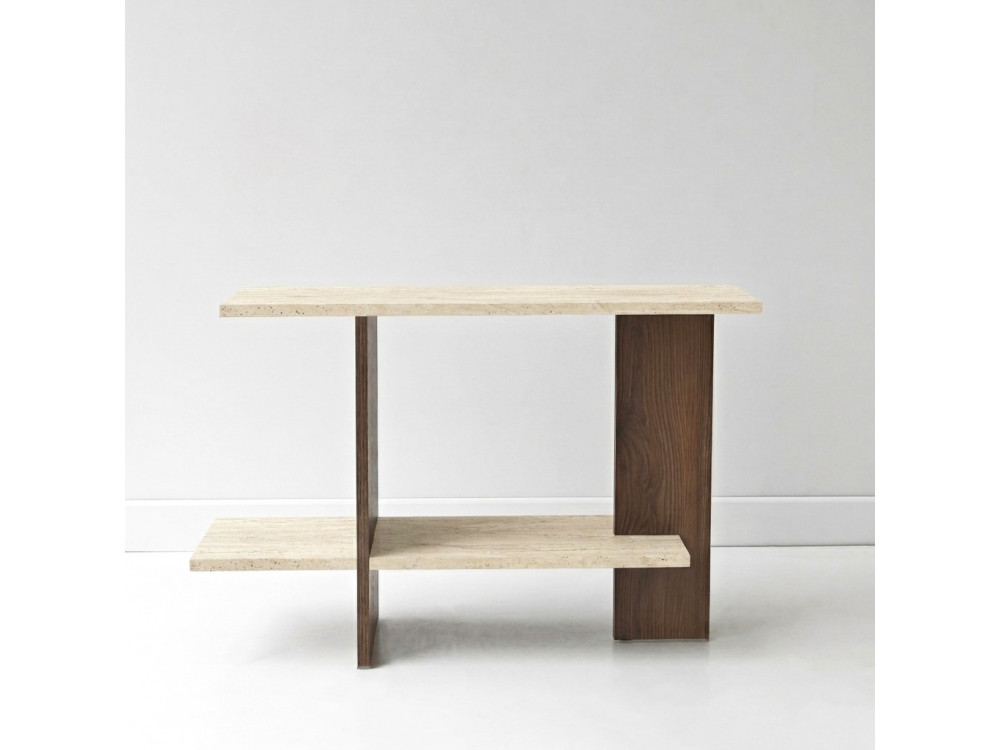 Tavolino in legno "Essenziale" - 80 x 30 x 55 cm - Travertino / Noce
