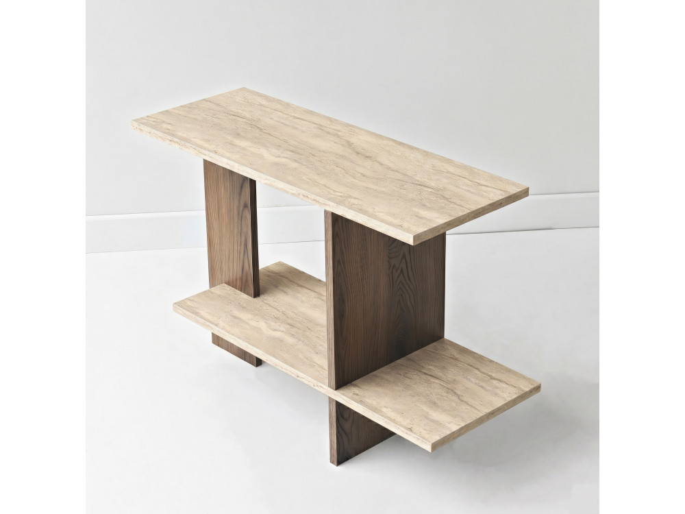 Tavolino in legno "Essenziale" - 80 x 30 x 55 cm - Travertino / Noce