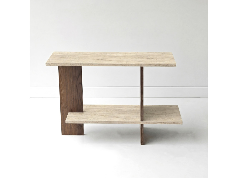 Tavolino in legno "Essenziale" - 80 x 30 x 55 cm - Travertino / Noce