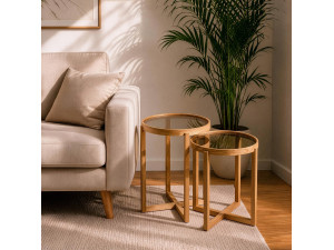 Set di 2 tavolini impilabili in legno "Nil 2" - 50 x 50 x 62 cm - Beige
