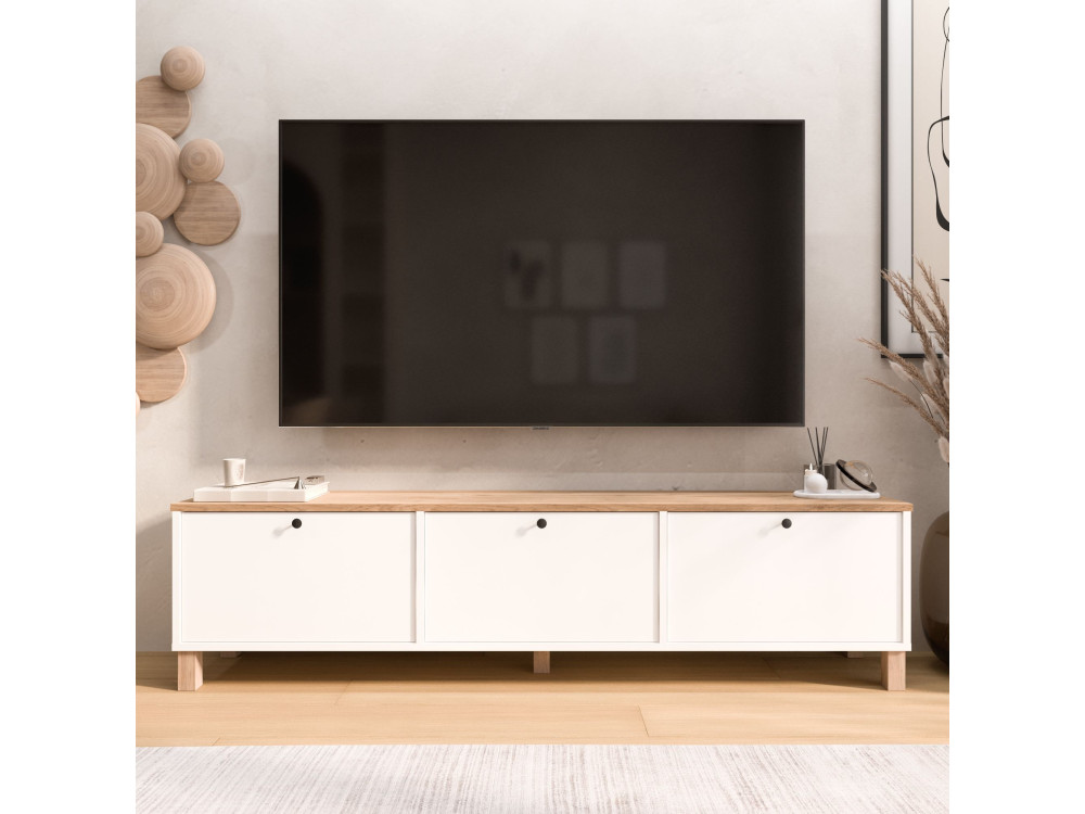 Mobile TV in legno "Nord" - 180 x 32 x 45 cm - Bianco / Rovere