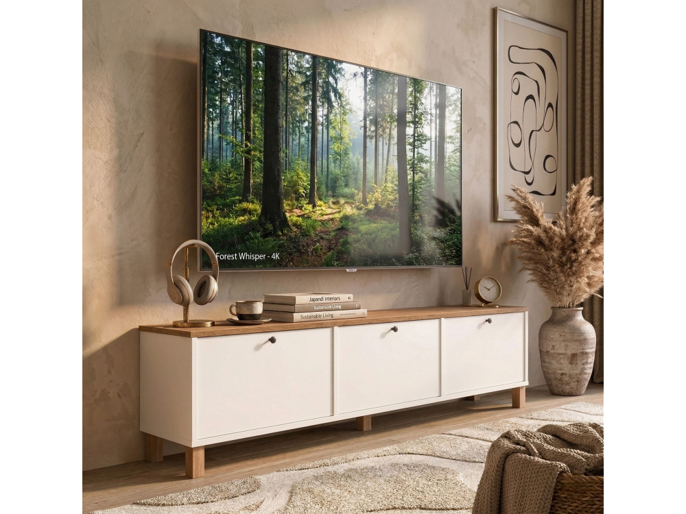 Mobile TV in legno "Nord" - 180 x 32 x 45 cm - Bianco / Rovere