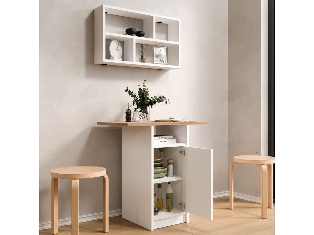 Set composto da tavolo da pranzo e mensola da parete (2 pezzi) in legno "Nord" - 72 x 44 x 74 cm - Bianco