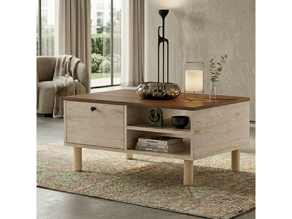 Tavolino in legno "Aris" - 90 x 38,8 x 60 cm - Travertino / Noce Venezia
