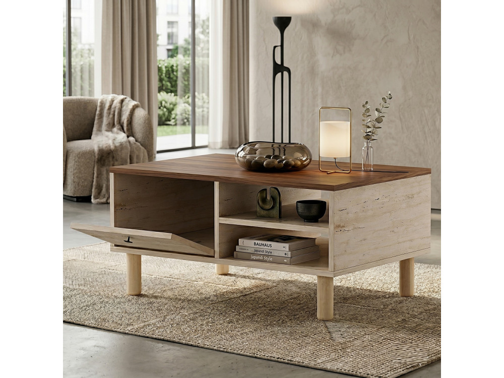 Tavolino in legno "Aris" - 90 x 38,8 x 60 cm - Travertino / Noce Venezia