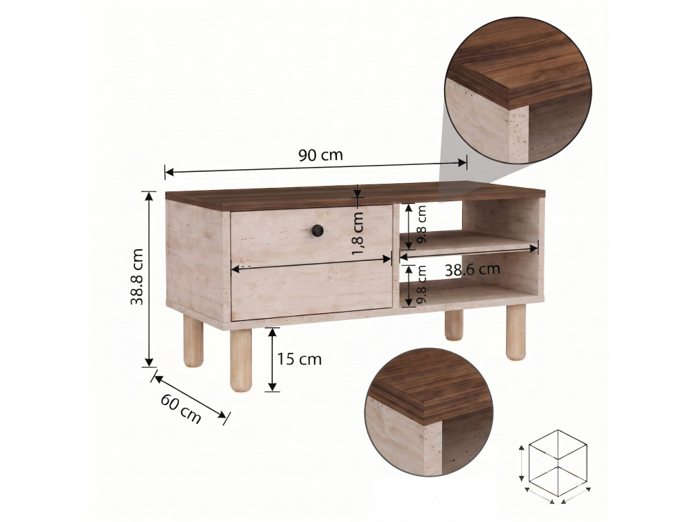 Tavolino in legno "Aris" - 90 x 38,8 x 60 cm - Travertino / Noce Venezia