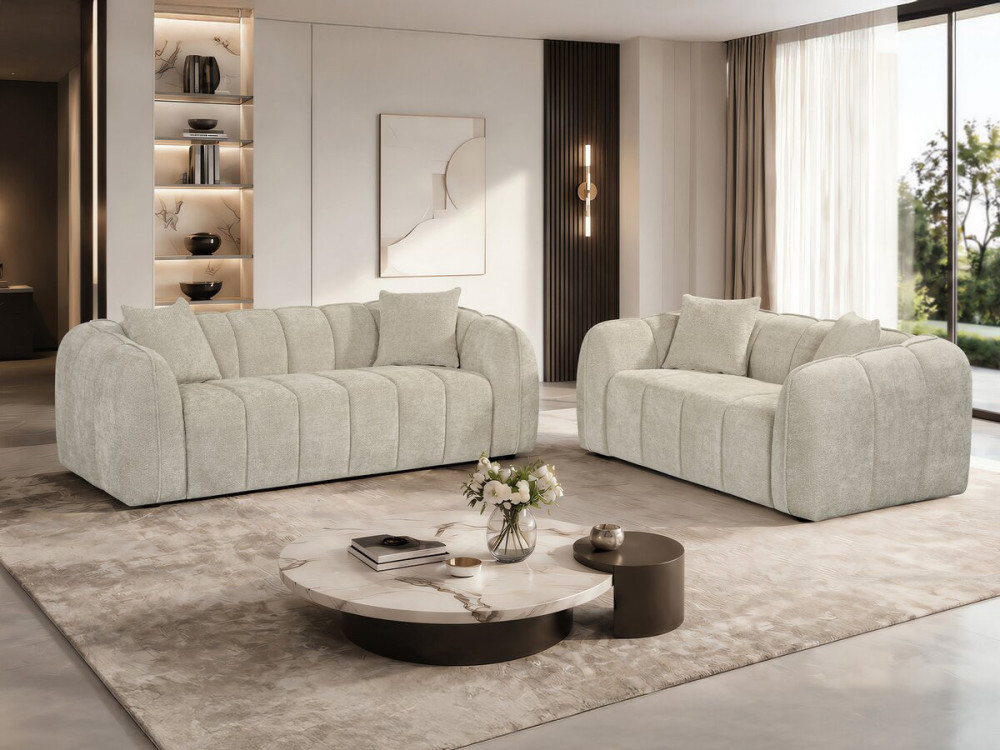 Divano lineare in stile "bubble" in tessuto "Wagram" - 2 posti - Beige