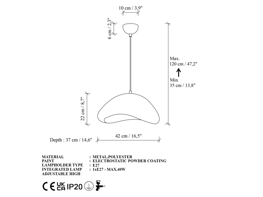Lampada a sospensione in metallo "Luna" - 42 x 37 x 120 cm - Bianco