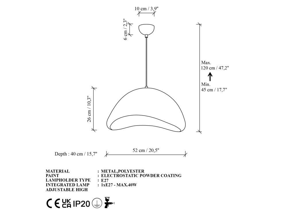 Lampada a sospensione in metallo "Luna" - 52 x 40 x 120 cm - Bianco