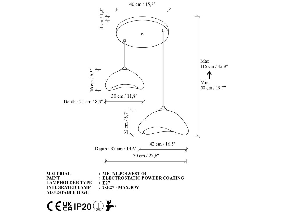 Lampadario in metallo "Luna" - 70 x 30 x 115 cm - Bianco