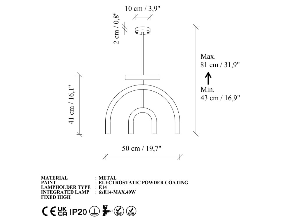 Lampadario in metallo "Vento" - 50 x 10 cm - Giallo