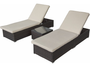 Set di 2 lettini da spiaggia in resina intrecciata con cuscini e tavolino "Alice" - Ecru