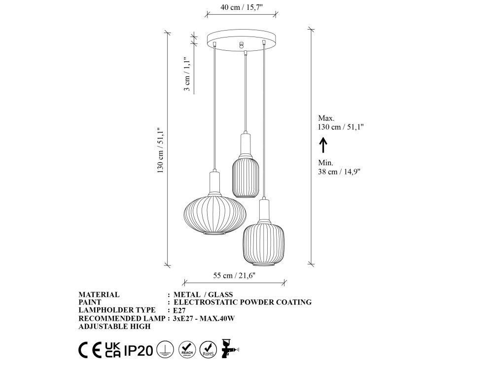 Lampadario in metallo "Asker" - 55 x 55 cm - Dorato