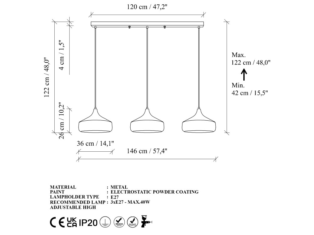 Lampadario in metallo "Yildo" - 146 x 36 cm - Nero