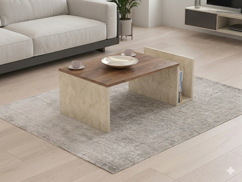 Tavolino in legno "Memo" - 86,8 x 32,4 x 50 cm - Travertino / Noce Venezia