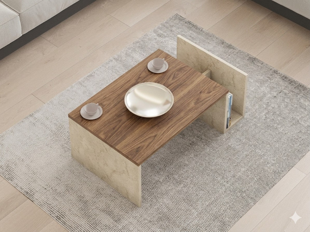 Tavolino in legno "Memo" - 86,8 x 32,4 x 50 cm - Travertino / Noce Venezia