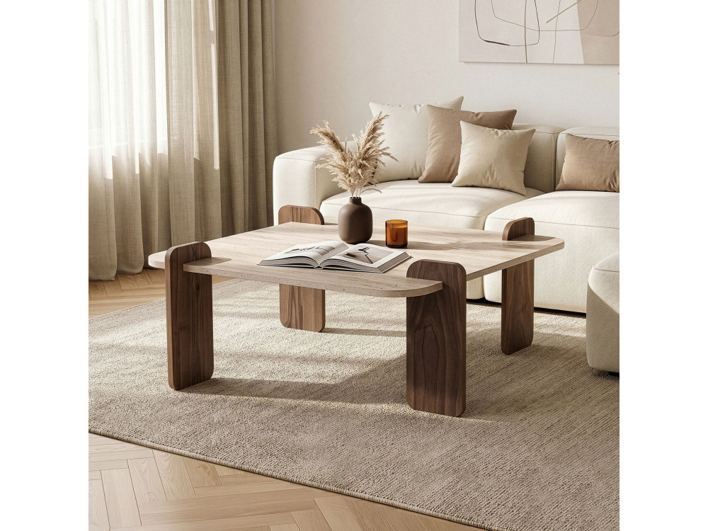 Tavolino in legno "Marais" - 117 x 35 x 117 cm - Travertino / Noce Venezia