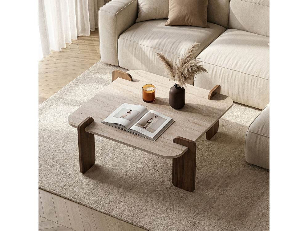 Tavolino in legno "Marais" - 117 x 35 x 117 cm - Travertino / Noce Venezia