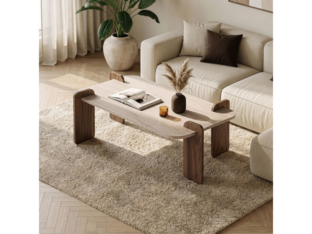 Tavolino in legno "Renard" - 147 x 35 x 87 cm - Travertino / Noce Venezia