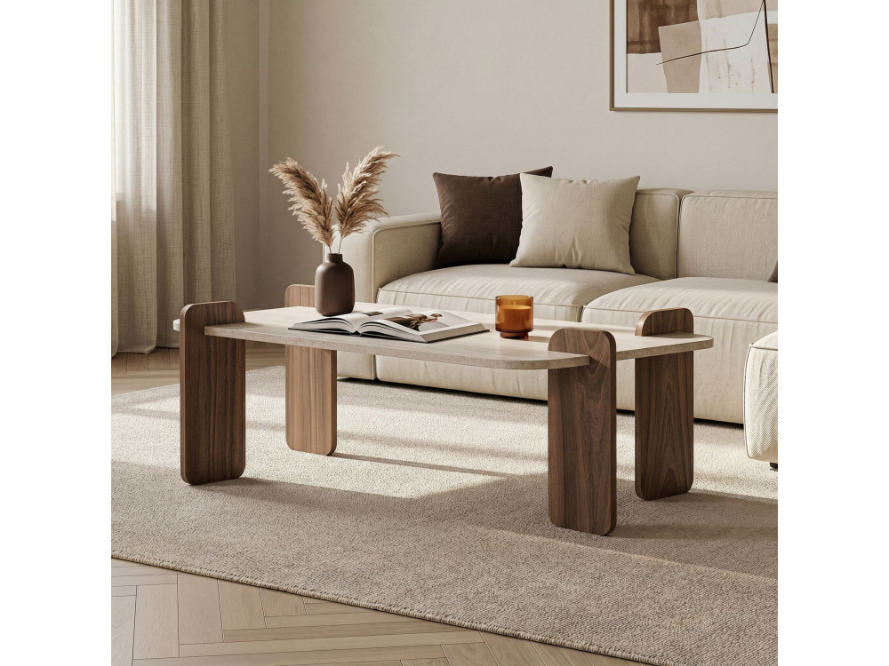 Tavolino in legno "Renard" - 147 x 35 x 87 cm - Travertino / Noce Venezia