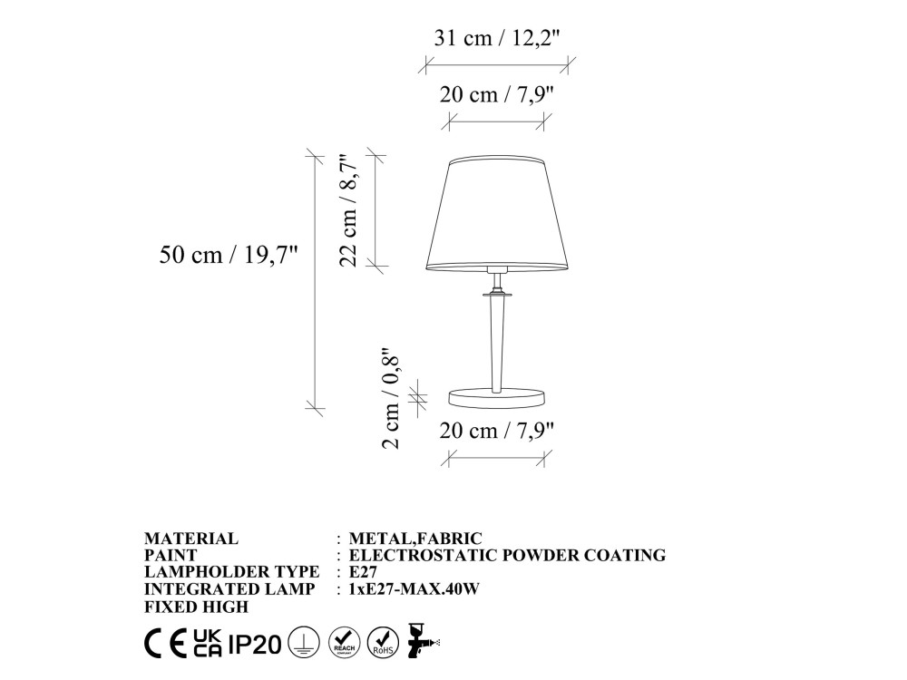 Lampada da tavolo in metallo "Milano" - 31 x 31 cm - Beige
