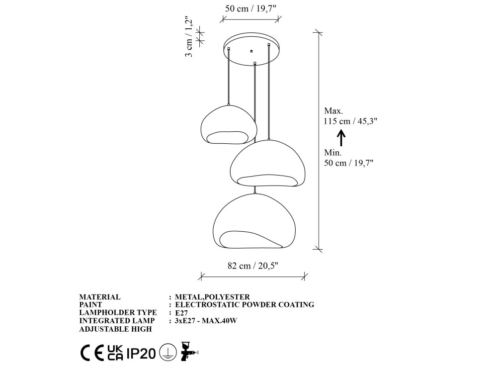 Lampadario in metallo "Loval" - Altezza regolabile 50 - 115 cm - Bianco