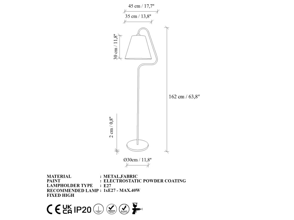 Lampada da terra in metallo "Altur" - 45 x 35 x 162 cm - Nero