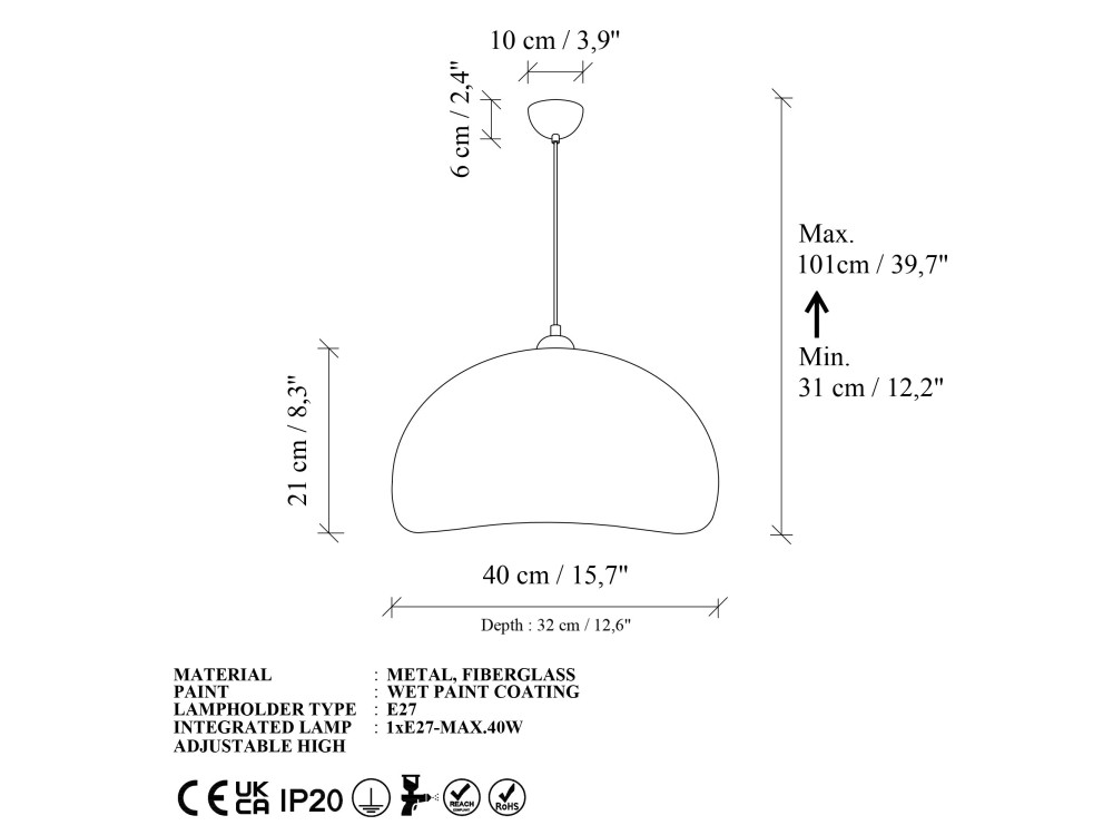 Lampada a sospensione in metallo "Beta" - 40 x 32 cm - Bianco