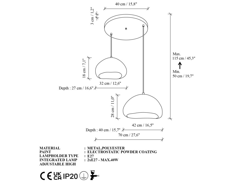 Lampadario in metallo "Loval" - 70 x 40 cm - Bianco