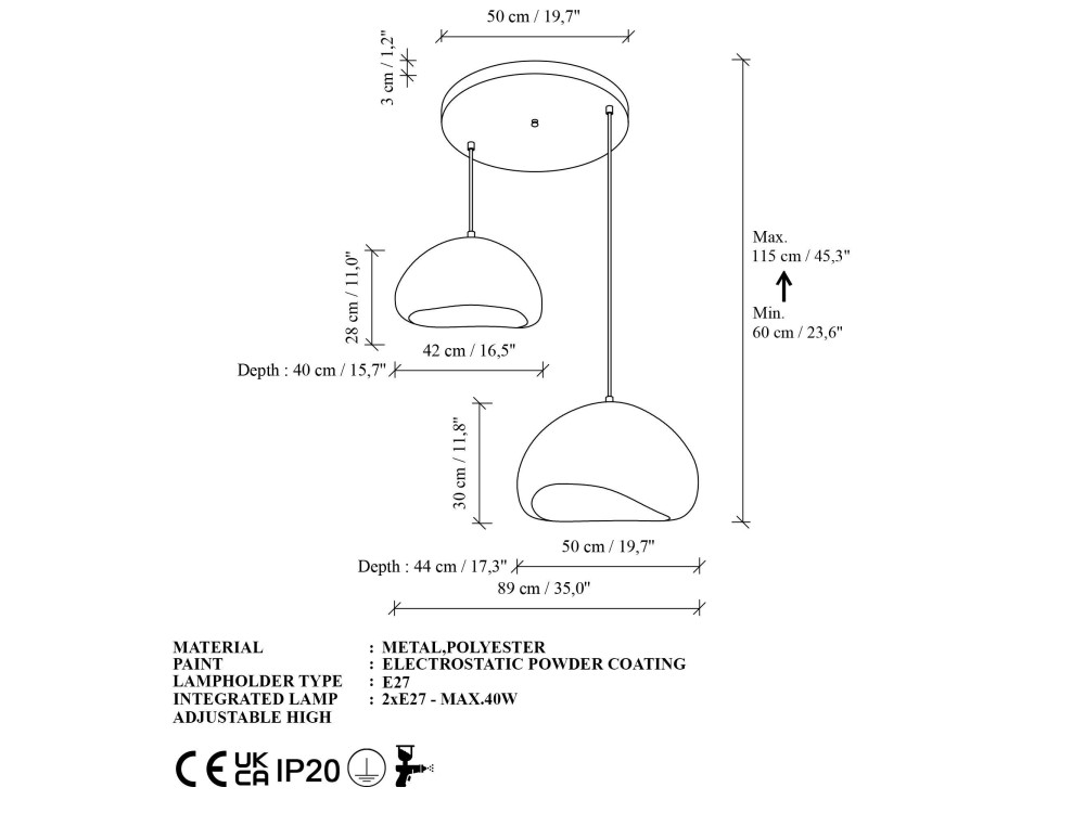 Lampadario in metallo "Loval" - 89 x 44 cm - Bianco