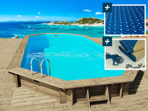Piscina in legno "Ibiza" - 8,57 x 4,57 x 1,31 m - Copertura a bolle 180 µ - Copertura invernale 280 g/m².