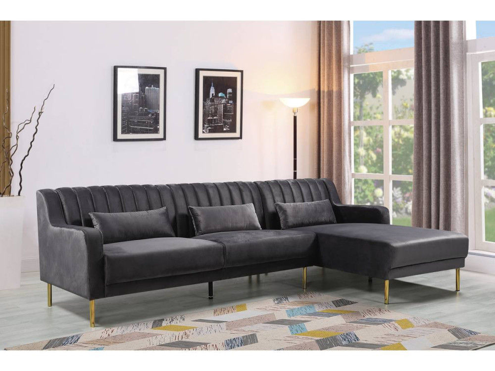Divano ad angolo in velluto "Oliver" - 187 x 161 x 81 cm - 5 posti a sedere - Grigio - Angolo destro
