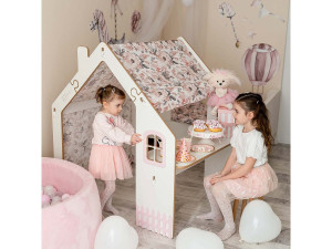 Casetta per bambini in legno "Bianelli" con scrivania - 114 x 93 x 120 cm - Bianca / Rosa 2
