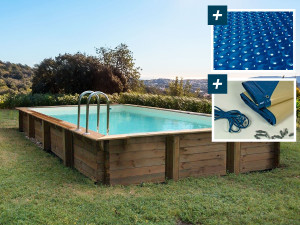 Kit piscina in legno "Tampa" - 7,20 x 4,20 x 1,44 m - Copertura a bolle 400 µ - Copertura invernale 280 g/m².