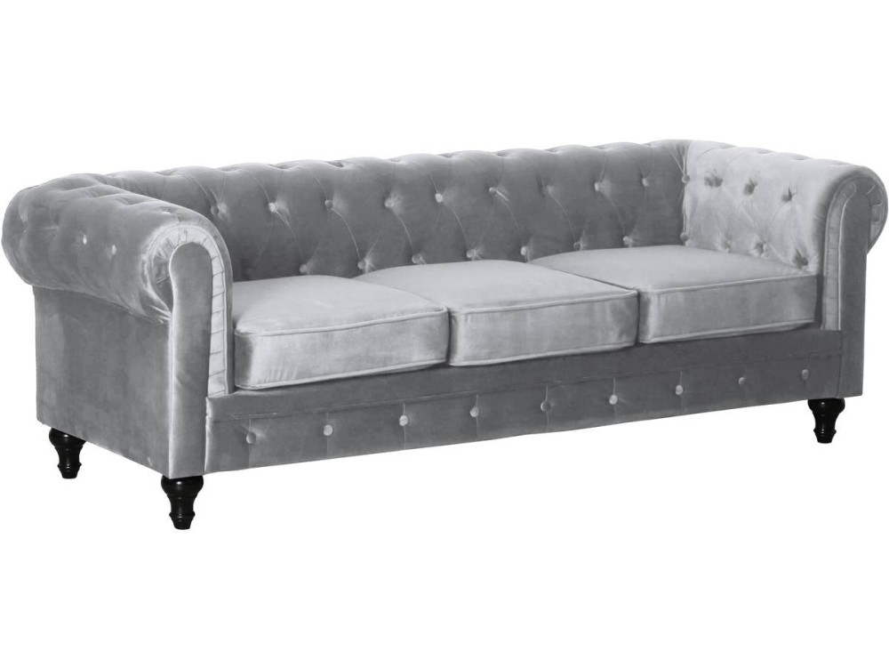 Divano fisso in velluto Chesterfield "Aliza" - 208 x 82 x 70 cm - 3 posti - Grigio