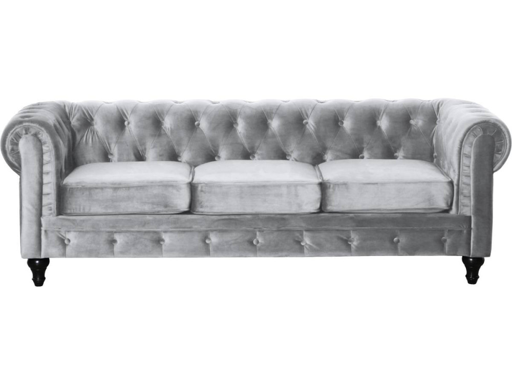 Divano fisso in velluto Chesterfield "Aliza" - 208 x 82 x 70 cm - 3 posti - Grigio
