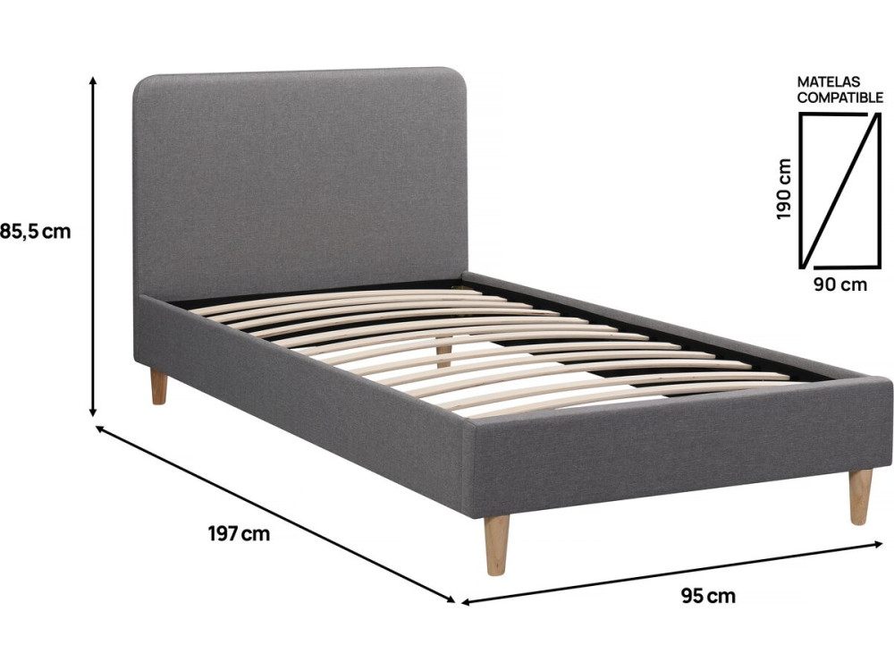 Letto singolo in tessuto "Louise" 90 x 190 cm - Grigio