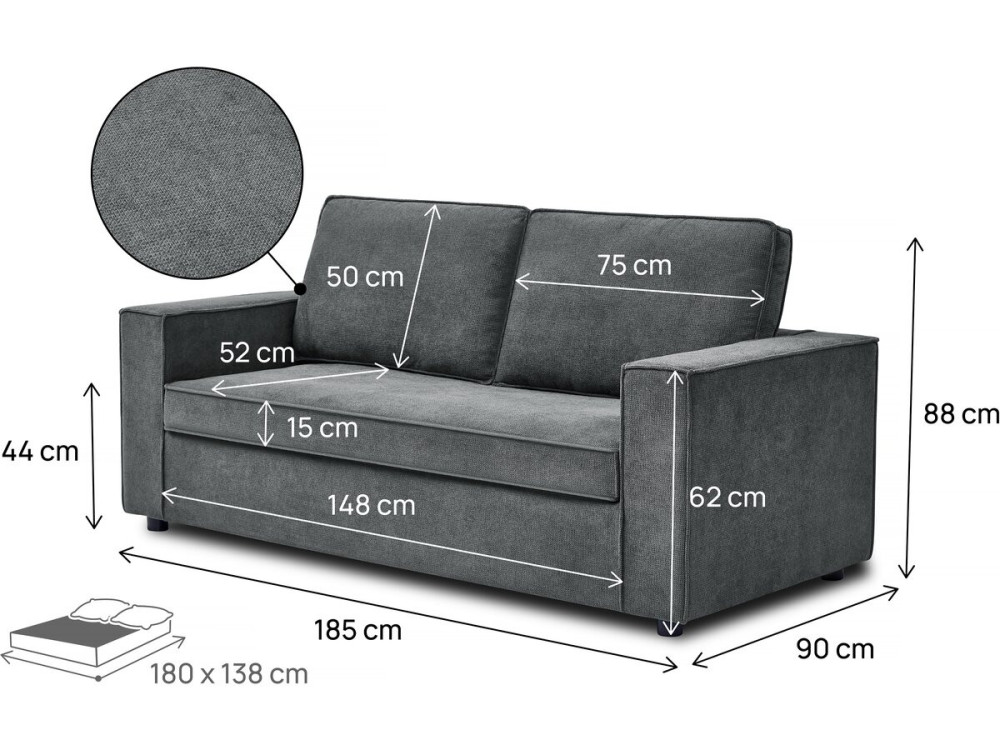 Divano trasformabile in tessuto "Clara" express - 185 x 90 x 88 cm - Grigio