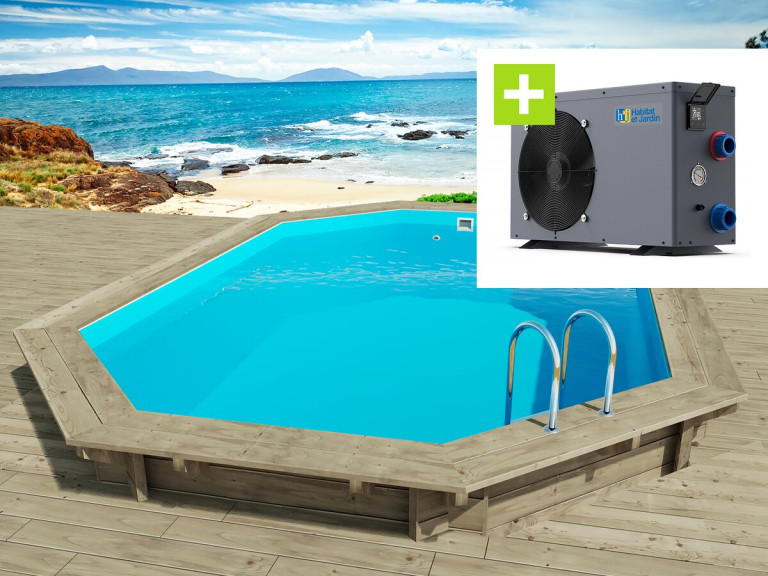 Piscina in legno " Florida " - 6,57 x 4,57 x 1,31 m + Pompa di calore reversibile " Simplicity by Hayward " ON/OFF - 5 kW - Bian