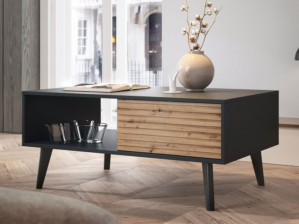 Tavolino rettangolare in legno "Silas" - Nero/Rovere lavorato a mano
