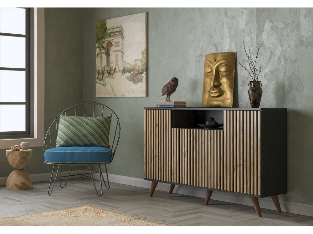 Credenza in legno "FRN-9004-1" - 140 x 35 x 91 cm - Legno, Nero, Pino Atlantico