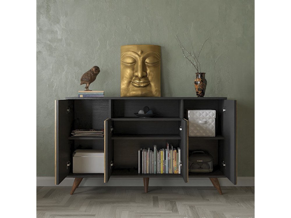 Credenza in legno "FRN-9004-1" - 140 x 35 x 91 cm - Legno, Nero, Pino Atlantico