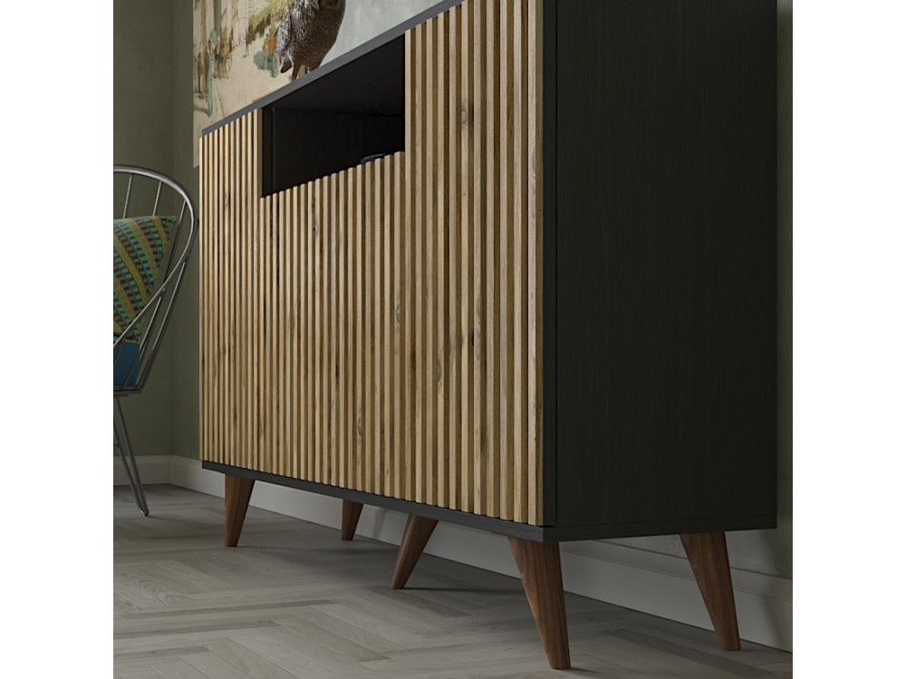 Credenza in legno "FRN-9004-1" - 140 x 35 x 91 cm - Legno, Nero, Pino Atlantico