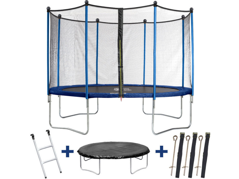 Trampolino " Happy " - Ø 3,65 m - con rete + scaletta + copertura + kit per fissaggio a terra