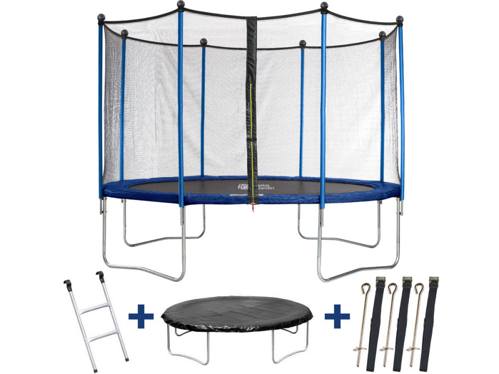 Trampolino " Happy " - Ø 3,65 m - con rete + scaletta + copertura + kit per fissaggio a terra